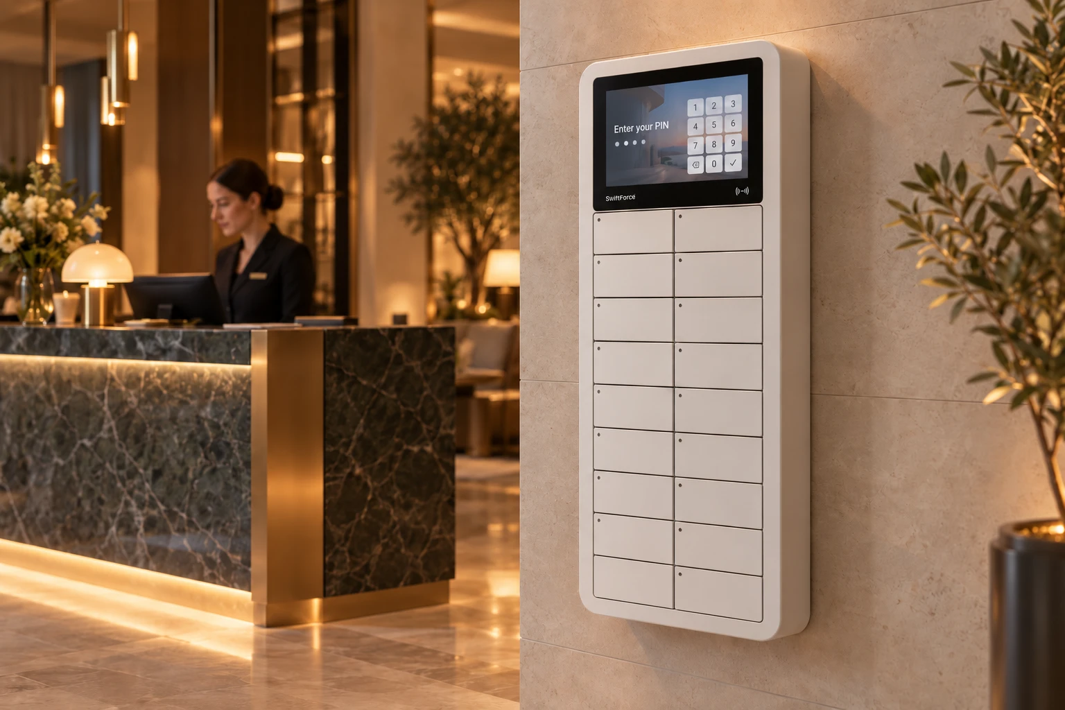 Nova smart key cabinet with touchscreen in a boutique hotel lobby