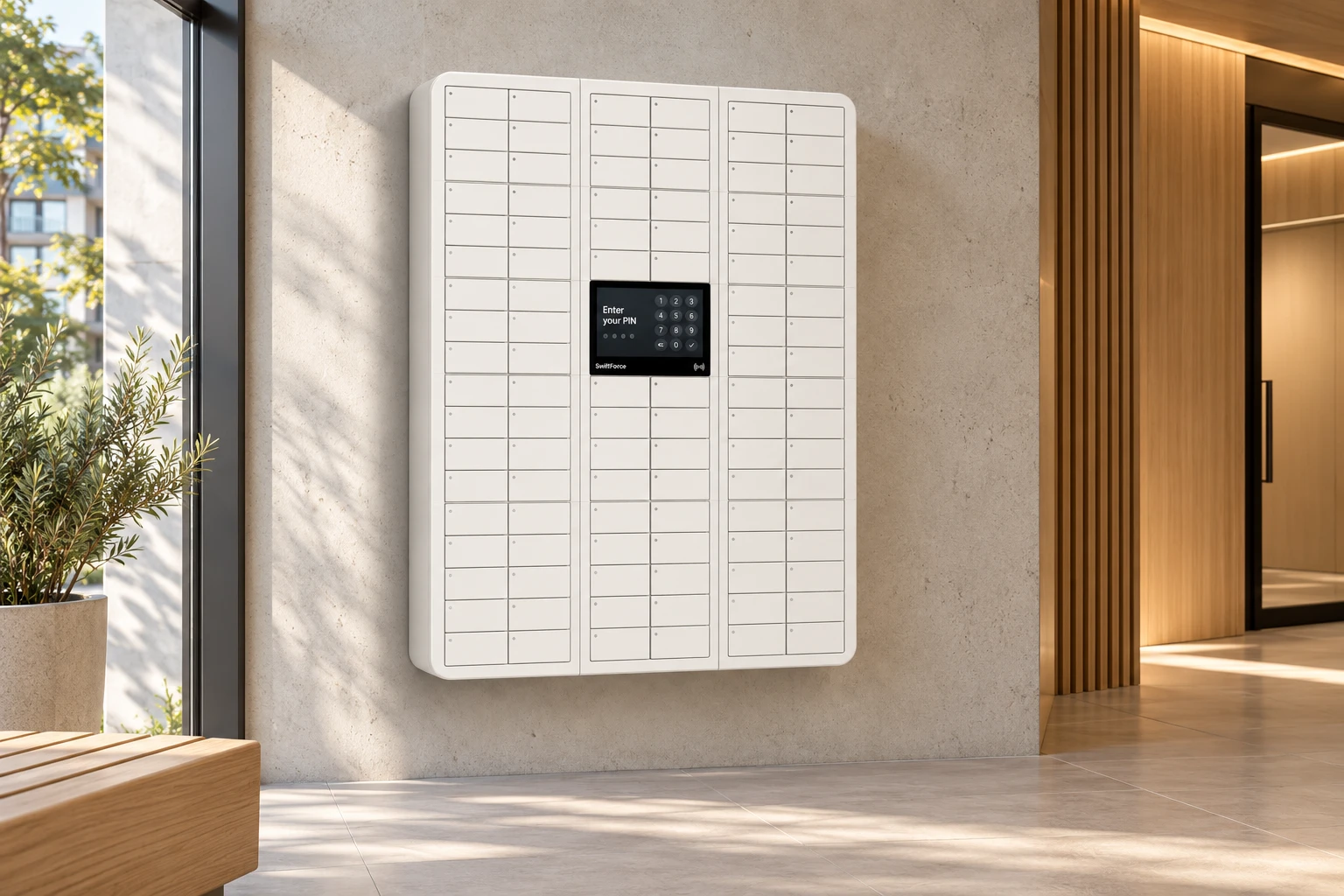 Nova tall key cabinet in an apartment building lobby