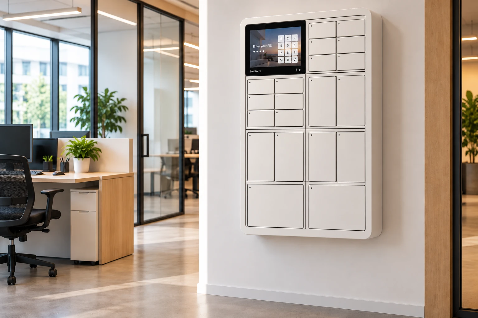 Nova cabinet with key, phone and tablet compartments in an office