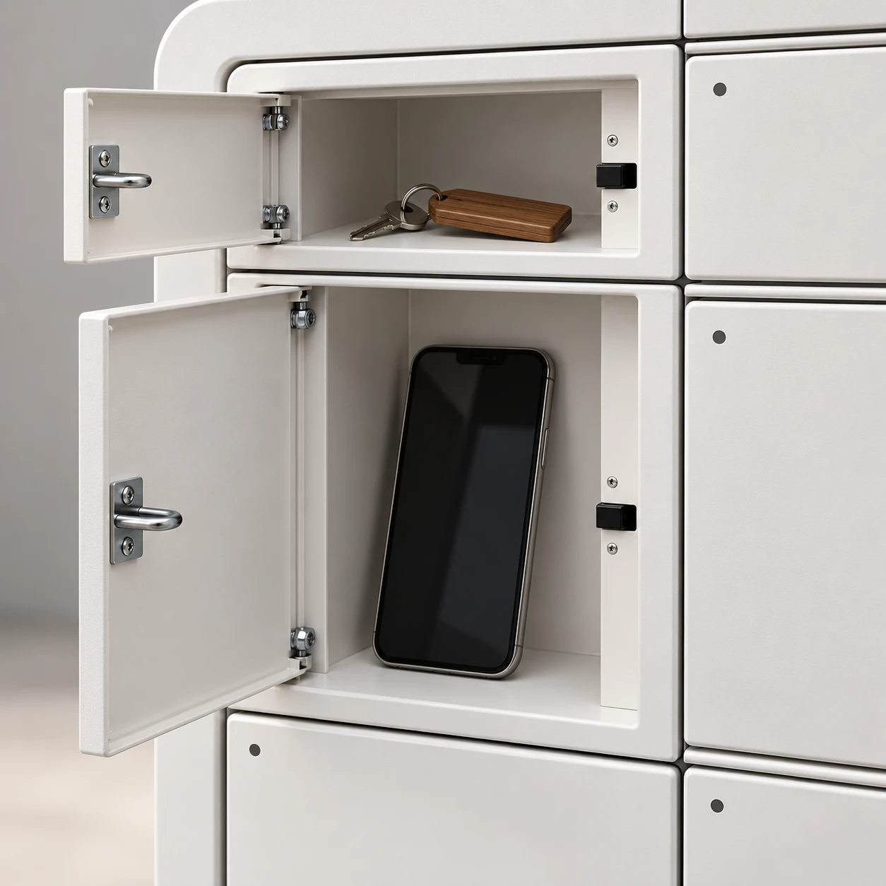 Close-up of open key and phone compartments