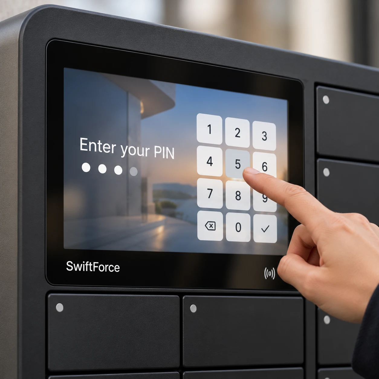 Close-up of the 10.1-inch touchscreen with PIN entry and NFC