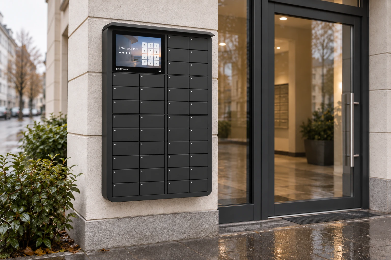 Black Nova key cabinet with rain visor outside a building entrance
