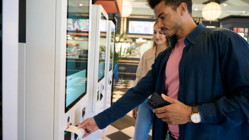 commercial kiosk unit with integrated receipt printer and touchscreen display